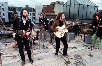 Los Beatles, en su concierto en la azotea del edificio de Apple en Londres, su última actuación en enero de 1969.