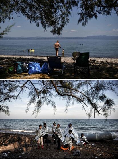 En la imagen superior, un hombre durante sus vacaciones en la playa de Kagia, en la isla de Lesbos (Grecia), el 3 de agosto de 2018. En la imagen inferior, un grupo de migrantes en la misma playa después de haber conseguido cruzar el mar Egeo desde Turquía, el 8 de diciembre de 2015.