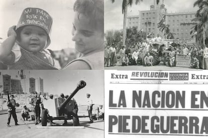 Top left and bottom: images taken during the Cuban Missile Crisis of 1962. Top right: a tractor donated by employees of the Hotel Nacional during the Land Reform of 1961. 