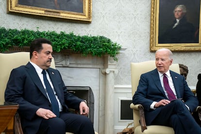 U.S. President Joe Biden and Iraqi Prime Minister Mohammed Shia al-Sudani meet in the Oval Office at the White House in Washington, DC, on April 15, 2024.