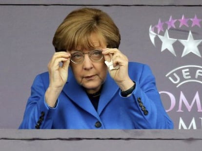 La canciller Angela Merkel en la final de la Liga de Campeones femenina, celebrada el 14 de mayo en Berlín.