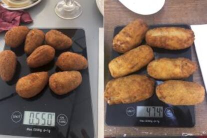 Desde la izquierda, ración de seis croquetas de 220 gramos y ración de seis croquetas de 474 gramos que venden por 12 euros.