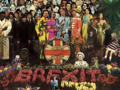 En 1967, el artista Peter Blake y su esposa, Jann Haworth, diseñaron esta portada para el ‘Sgt. Pepper’s Lonely Hearts Club Band’ de The Beatles. Hemos sustituido a Carl Jung, Fred Astaire o Marilyn Monroe por iconos de la era del 'britpop' (Jarvis Cocker, Damon Albarn, Noel Gallagher…) y cambiado a los Beatles por los cuatro tenores del Brexit: Theresa May, David Cameron, Nigel Farage y Boris Johnson.