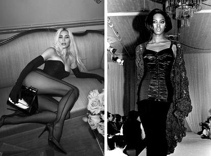 A la izquierda, inspirada en los archivos de las décadas de 1990 y 2000, la colección primavera verano de Dolce & Gabbana, que cuenta con la colaboración de Kim Kardashian, recupera los vestidos corsé de raso y 'marquisette' característicos de la firma. A la derecha, Naomi Campbell, en un desfile de Dolce & Gabbana de 1990.