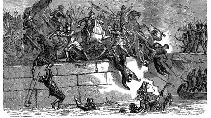 Hernán Cortés' troops conquering Tenochtitlán, the Aztec capital.