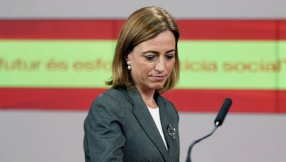 La candidata del PSC, Carmen Chacón, durante la comparecencia que ofreció anoche, en la que ha valorado los resultados del partido socialista en las elecciones generales.