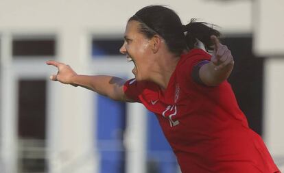 La canadiense Christine Sinclair celebra un gol este miércoles en Texas.