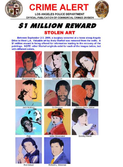 Cartel de la policía que anuncia la recompensa para recuperar los cuadros desaparecidos.