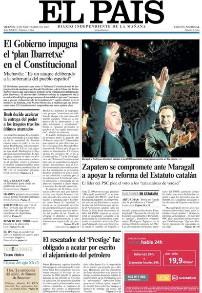 14 de noviembre de 2003. Los partidos mayoritarios en Cataluña se presentan a las elecciones autonómicas con proyectos de reforma del Estatuto de autonomía. En la recta final de la campaña, el líder de la oposición, José Luis Rodríguez Zapatero -poco después sería presidente del Gobierno-, se compromete a apoyar la "reforma que apruebe el Parlamento catalán".