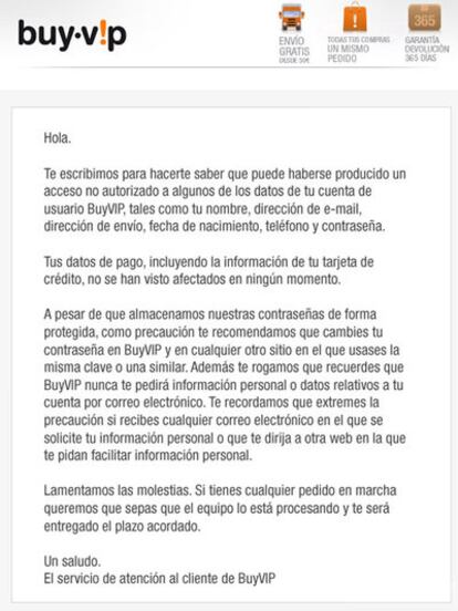 La carta de  BuyVIP a sus clientes, alertándoles de que se ha producido un "acceso no autorizado" a parte de sus datos.