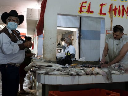 Comerciantes de pescado en el puerto Champotón, en Campeche, el primer Estado en volver a semáforo verde.