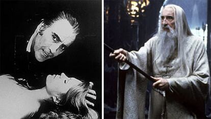Lee como vampiro protagónico en <i>El conde Drácula</i> (izquierda) y como el malvado Saruman en <i>El señor de los anillos.</i>