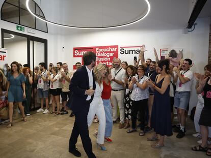 Yolanda Díaz, a su llegada a la sede de Sumar en Madrid, tras conocerse los resultados de las elecciones generales este domingo.