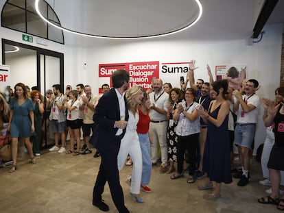 Yolanda Díaz, a su llegada a la sede de Sumar en Madrid, tras conocerse los resultados de las elecciones generales este domingo.