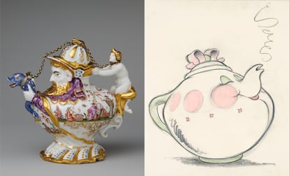 Tetera alemana de la casa Meissen (1719–30), de la colección del Metropolitan. A la derecha, dibujo de Chris Sanders para la película 'La bella y la bestia'.