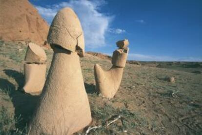 Huesos de dinosaurio fosilizados en el valle de Bayanzag Valley, en el desierto de Gobi (Mongolia).