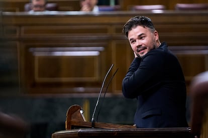 El portavoz de ERC en el Congreso, Gabriel Rufián, ese martes en el pleno del Congreso.