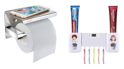 De izquierda a derecha: portarrollo con estante para móvil y dispensador automático para la pasta de dientes.