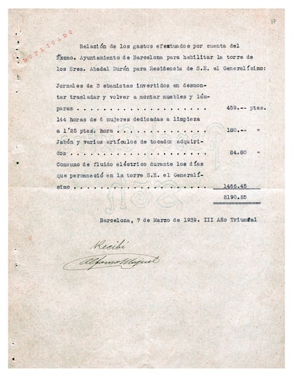 Relació de despeses ocasionades per l'estada de Franco a la torre Abadal Durán, durant la seva estada a Barcelona el febrer del 1939.