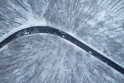 Vista aérea de los vehículos que circulan por una carretera de un bosque cubierto de nieve cerca de Colonia (Alemania).