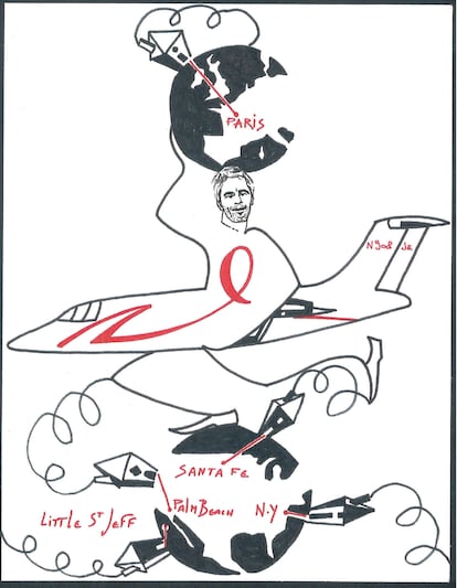Dibujo que representa las residencias de Epstein, retratado junto a su avión privado.