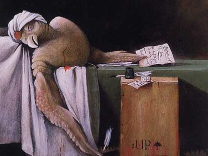 'Pollo', pintado por Svjetlan Junakovic, inspirado en <i>'La muerte de Marat' de David, que ilustra el 'Gran libro de los retratos de animales'.</i>