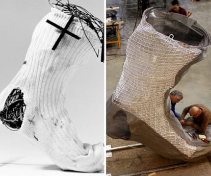 A la izquierda, maqueta del <i>calcetín</i> de Tàpies. A la derecha, trabajos sobre la escultura.