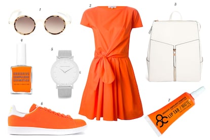 1. Mykita Gafas de sol con montura redonda. 2. Carven Vestido de vuelo con nudo en la cintura. 3. New look Mochila rectangular. 4. Obsessive Compulsive Cosmetics Laca de u?as. 5. Larsson & Jennings Reloj bicolor. 6. Adidas Originals Sneaker de ante. 7. Obsessive Compulsive Cosmetics Labial mate.