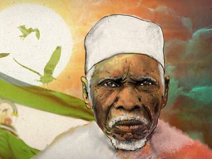 Ilustraci&oacute;n de un hombre subsahariano frente a la bandera de Andaluc&iacute;a.