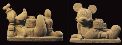 Chac Mool I y Chac Mool II (1999), esculturas en piedra de Nadin Ospina.