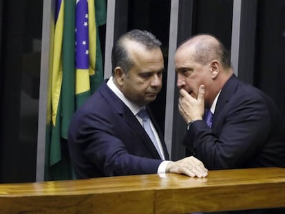 Rogério Marinho e Onyx Lorenzoni, na Câmara nesta quinta-feira.