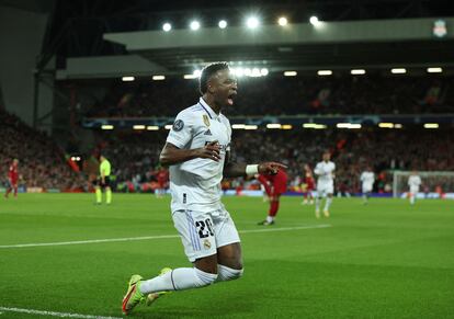 Real Madrid's Vinicius Junior celebrates scoring their second goal.