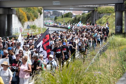 Miles de personas participan en la marcha contra la fábrica de celulosa en Pontevedra, este domingo.