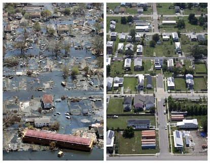 <B> El 80% de la población huye. </B>En el área metropolitana de Nueva Orleans vivían 1,3 millones de personas. El alcalde de la ciudad ordenó evacuarla el 28 de agosto. Un 80% de la población dejó sus casas. En la imagen, el distrito 9, en septiembre de 2005 y julio de 2015.