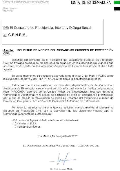 Carta remitida por el Gobierno de Extremadura.