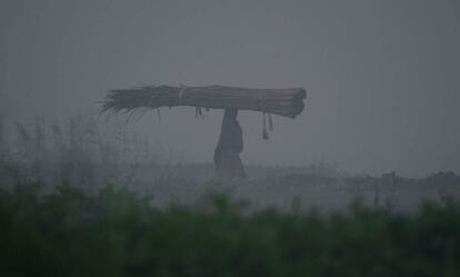 Una mujer india camina a través de una densa niebla en Nueva Delhi (India).
