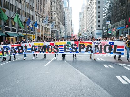 Latinos march down 5th Avenue in New York during the Hispanic Heritage Parade in October 2019.