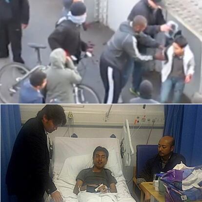 A Mohamed Ashraf Haziq le robaron después de ser agredido en Londres el lunes. Abajo, se recupera en el hospital.