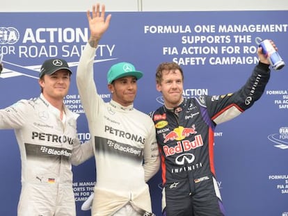 Rosberg, Hamilton e Vettel, depois da classificação.