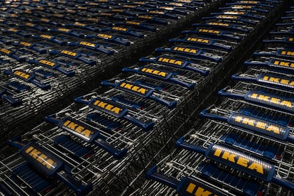 Filas de carritos de compra de IKEA, en su primera sucursal colombiana, el 27 de septiembre.