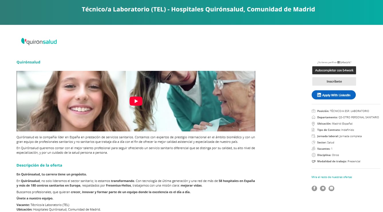 Oferta de empleo de Quirónsalud para técnicos que trabajarían en el laboratorio público en Madrid que aspira gestionar.