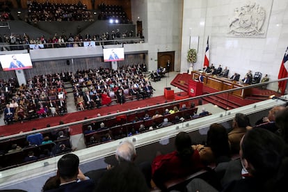 Gabriel Boric habla durante su discurso anual.