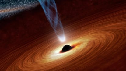 Ilustración que representa un agujero negro supermasivo con millones a miles de millones de veces la masa de nuestro Sol.