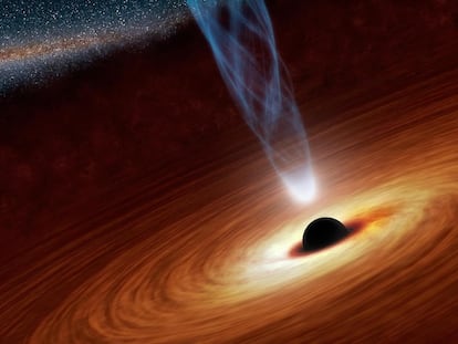 Ilustración que representa un agujero negro supermasivo con millones a miles de millones de veces la masa de nuestro Sol.
