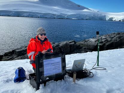 Glaciologist Ximena Aguilar Vega during one of her expeditions to Antarctica.