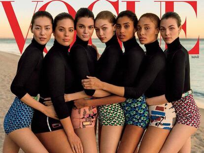 De izquierda a derecha: las modelos Liu Wen, Ashley Graham, Kendall Jenner, Gigi Hadid, Imaan Hammam, Adwoa Aboah, y Vittoria Ceretti.