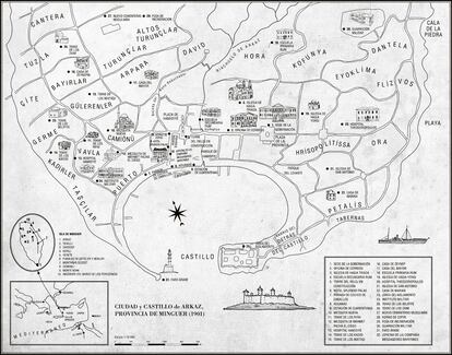 Mapa de la isla de Minguer publicado en 'Las noches de la peste', trazado por el propio Pamuk. 