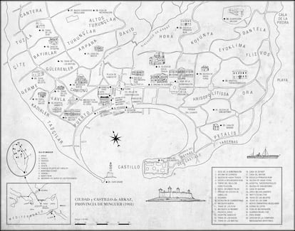 Mapa de la isla de Minguer publicado en 'Las noches de la peste', trazado por el propio Pamuk. 