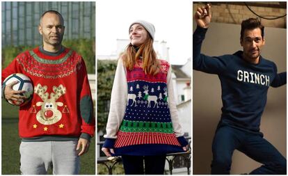 De izquierda a derecha: Andrés Iniesta, la actriz María Valverde y el modelo David Gandy con sus sudaderas navideñas.