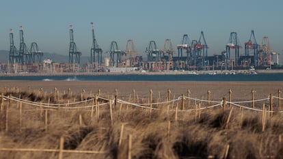 Vista general del puerto de Valencia desde la playa de la Creu, este martes.